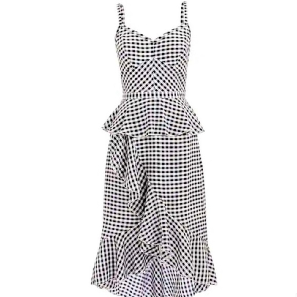 J Crew Silk‎ Gingham Spaghetti Strap Ruffled Dress Blue White Size 4